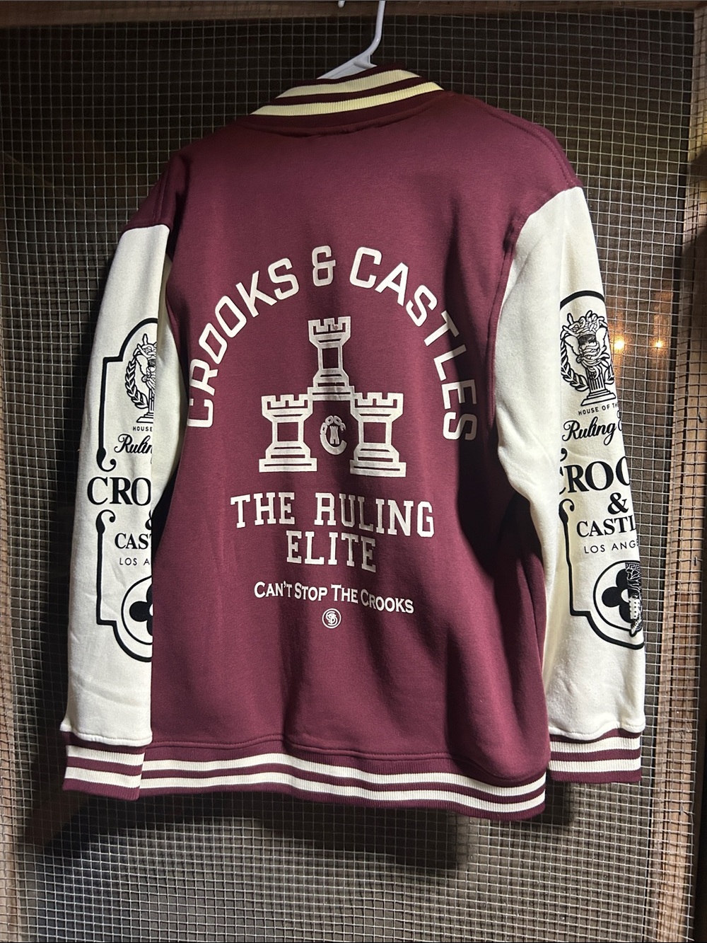 Crooks & Castles Maroon and Cream Varsity Jacket